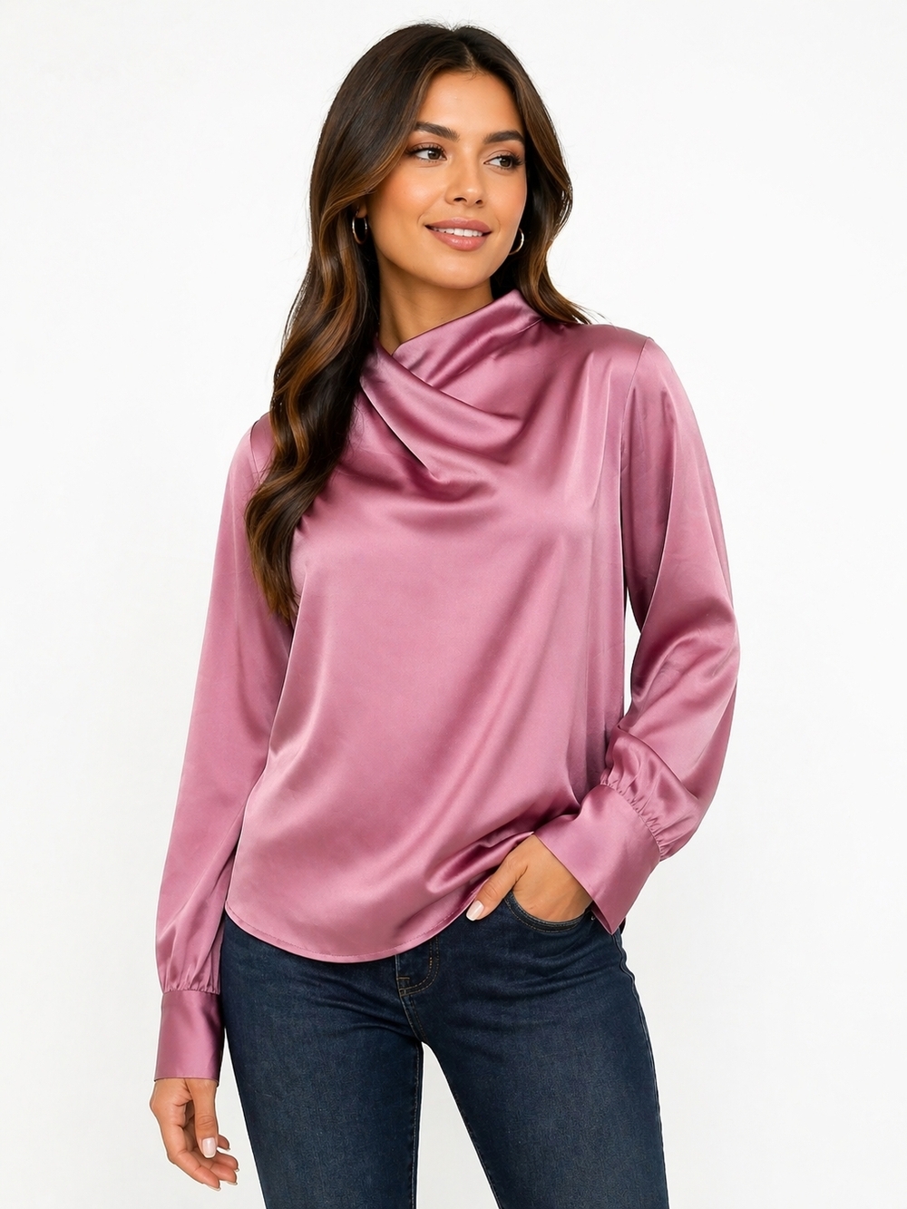Ann Taylor Satin Cowl-Neck Blouse in Mauve Pink